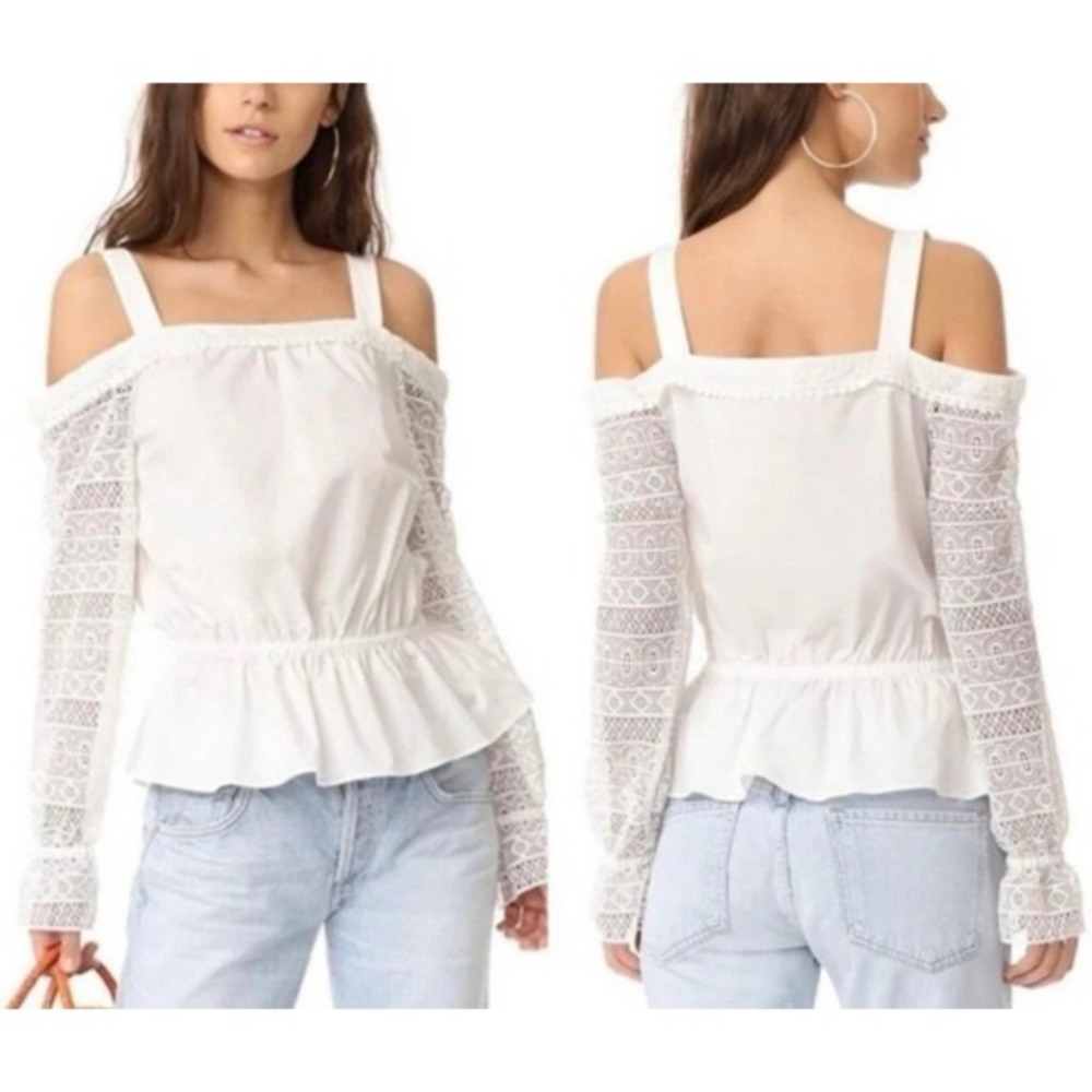 Ramy Brook Womens Large Sylvie Knit Top Cold Shoulder Lace Sleeve White Boho